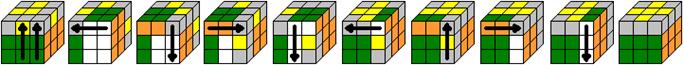 Sárga odlal felfele, 2 szomszédos sárga él jófele néz,Egyik rossz jobbra, másik szemben. R M U R' U' M' U R U' R' forgatás.