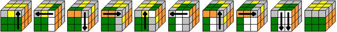 Sárga oldal fent, alsó 2 sor kész. 2 átellenes él a helyén, egyik rossz szemben, másik a túlsó oldalon. R U R' U' M U R U' M' R' forgatás.